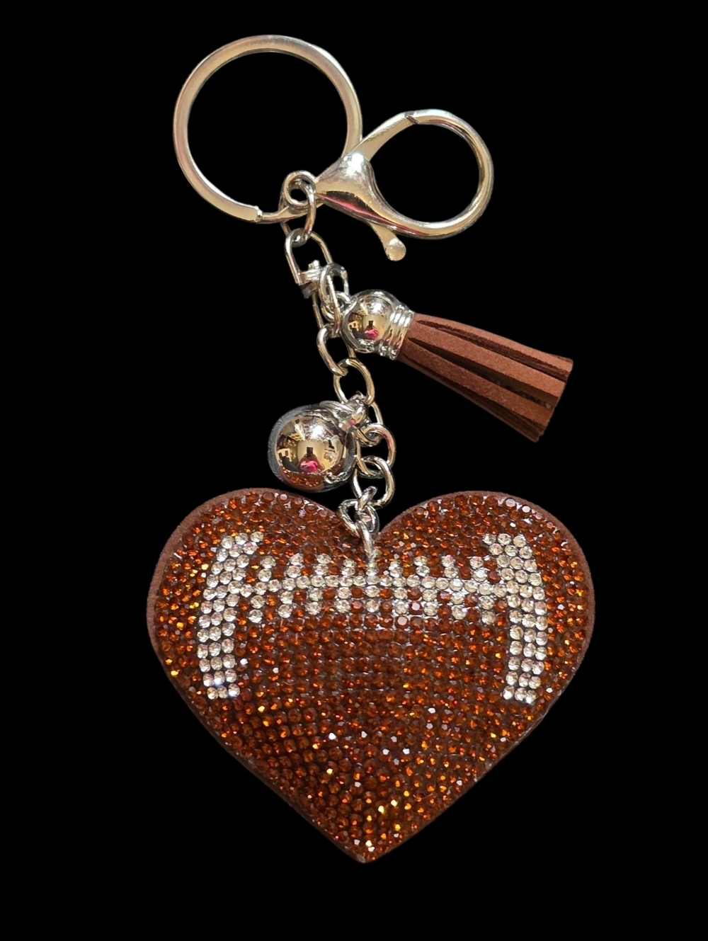 Crystal Football Heart Bag Charm Keychain with Brown Tassel